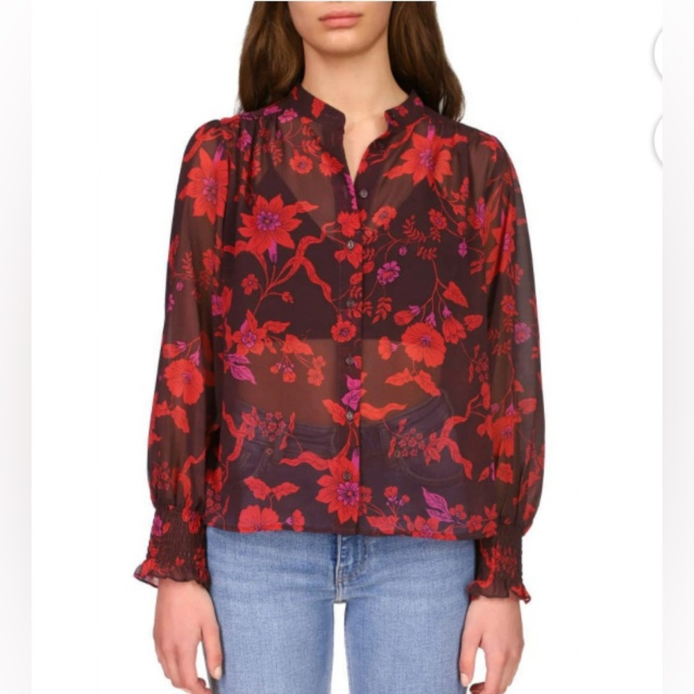 Sanctuary Floral Print Sheer Button Down Blouse size XS